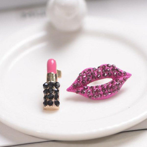 Pair of Cute Diamante Lip and Lipstick Shaped Stud Earrings