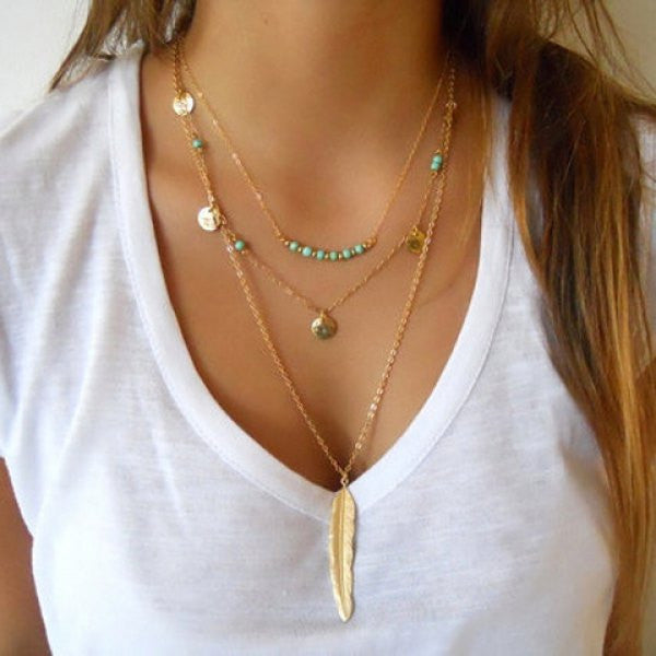 Turquoise Sequins Layered Leaf Necklace