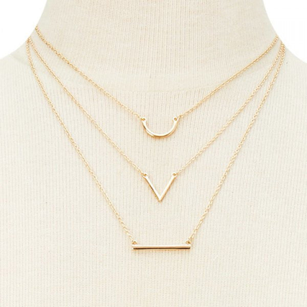 Rhine-stoned Three-Layered V-Shaped Necklace