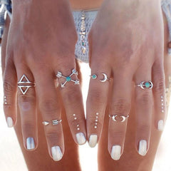 A Suit of Vintage Faux Turquoise Triangle Arrow Moon Shape Rings For Women